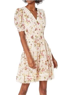 Taylor Cream Floral Mini Dress with Pink & Green Print